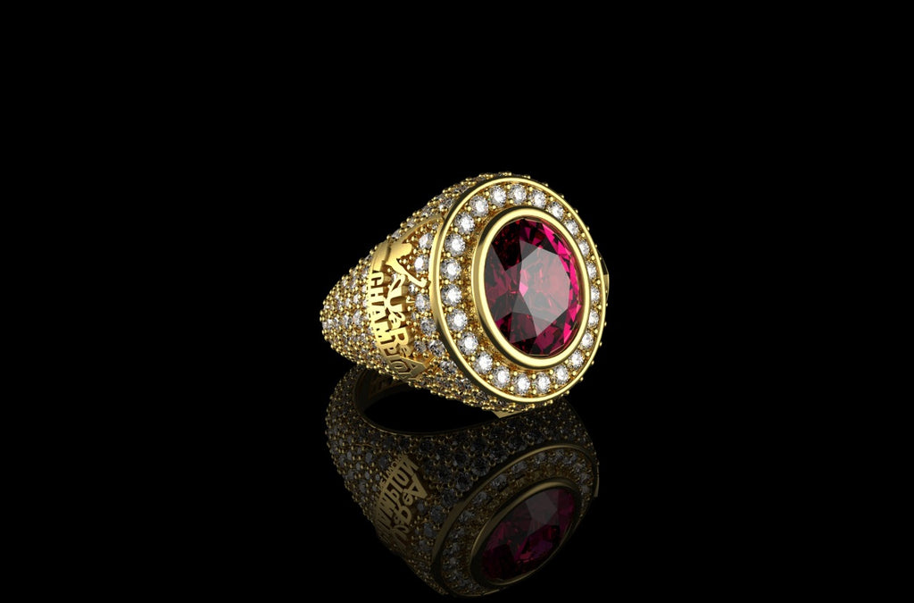 14k yellow gold mens custom made ruby bishop style diamond ring