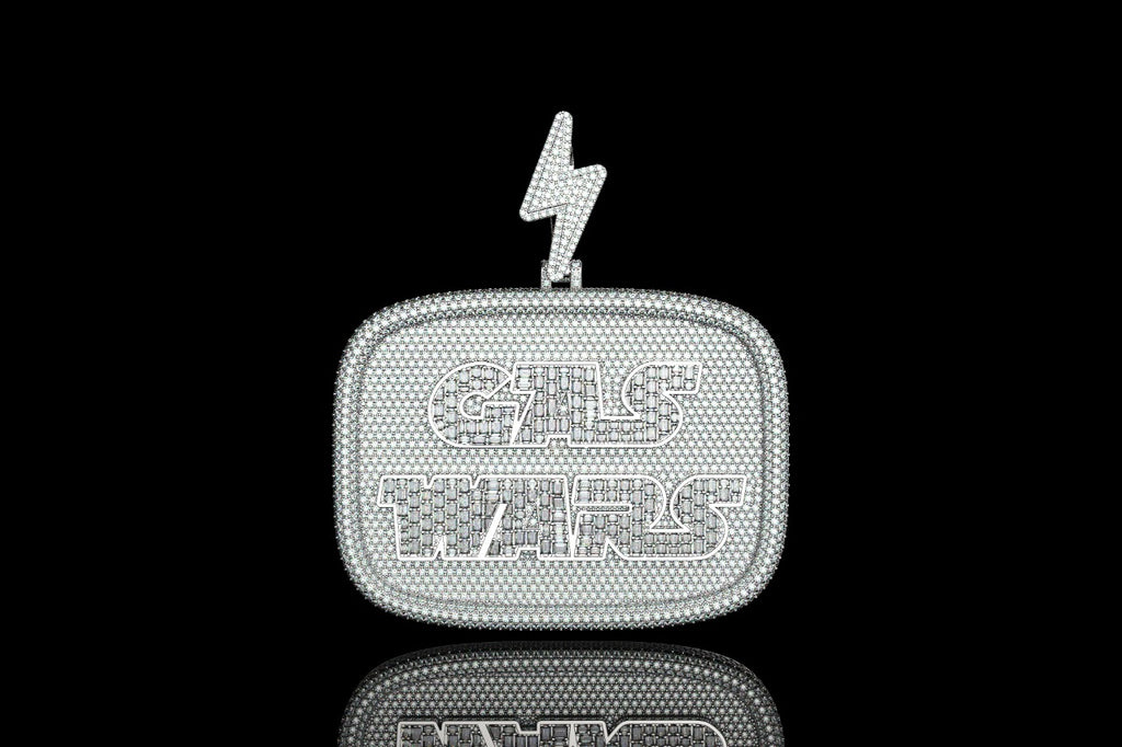 14k white gold "gas wars" style baguette diamond pendant