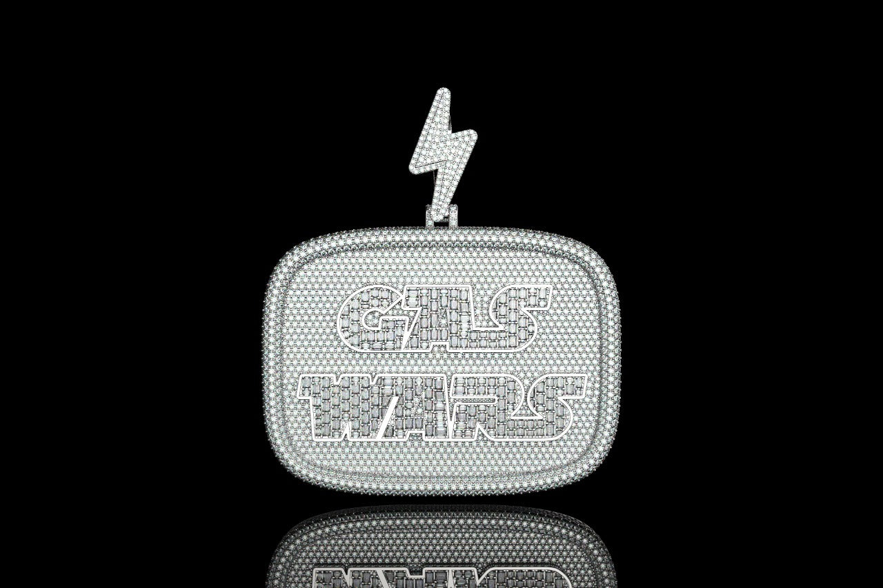 14k white gold "gas wars" style baguette diamond pendant