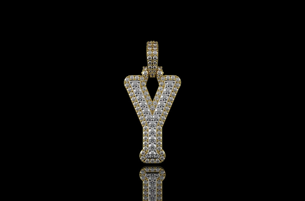 14k 2 tone yellow and white gold double layer initial Y diamond pendant