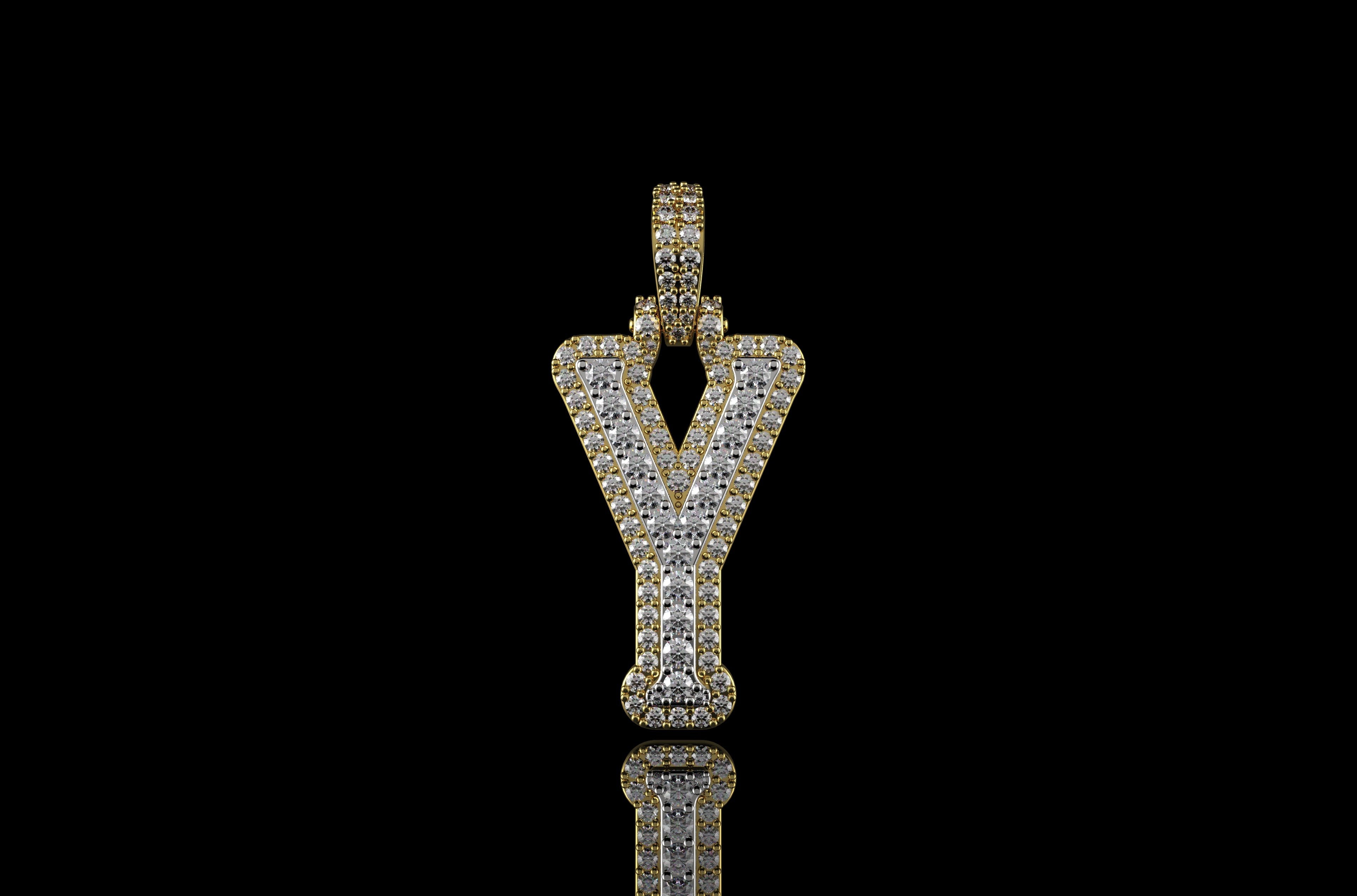 14k 2 tone yellow and white gold double layer initial Y diamond pendant