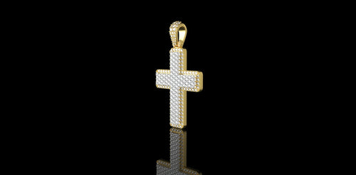 14K 2 TONE YELLOW AND WHITE GOLD DOUBLE LAYER DIAMOND CROSS PENDANT