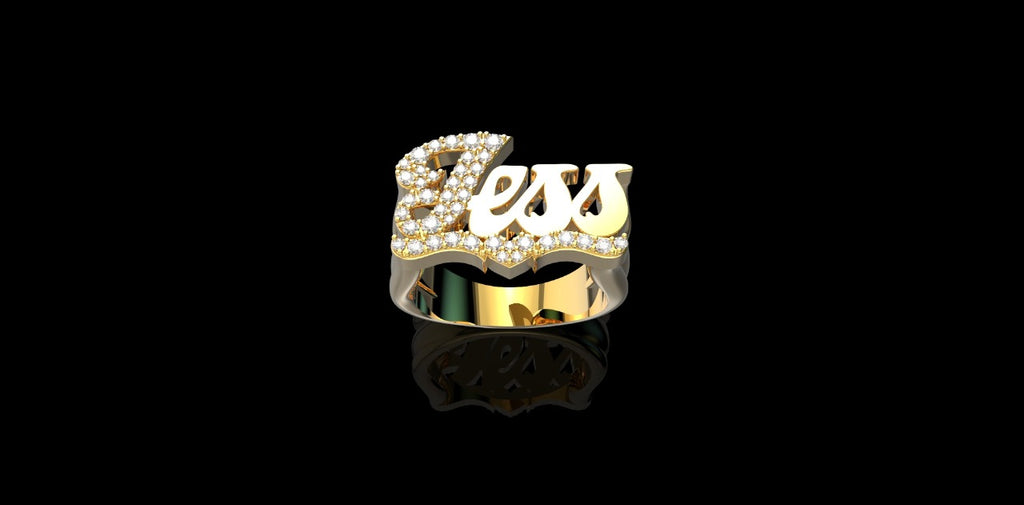 14K YELLOW GOLD CUSTOM MADE "JESS" STYLE NAME RING FIRST INTIAL AND UNDERLINE DIAMOND