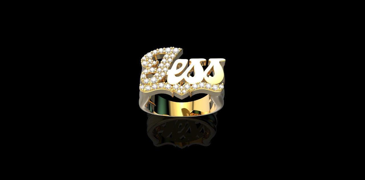 14K YELLOW GOLD CUSTOM MADE "JESS" STYLE NAME RING FIRST INTIAL AND UNDERLINE DIAMOND