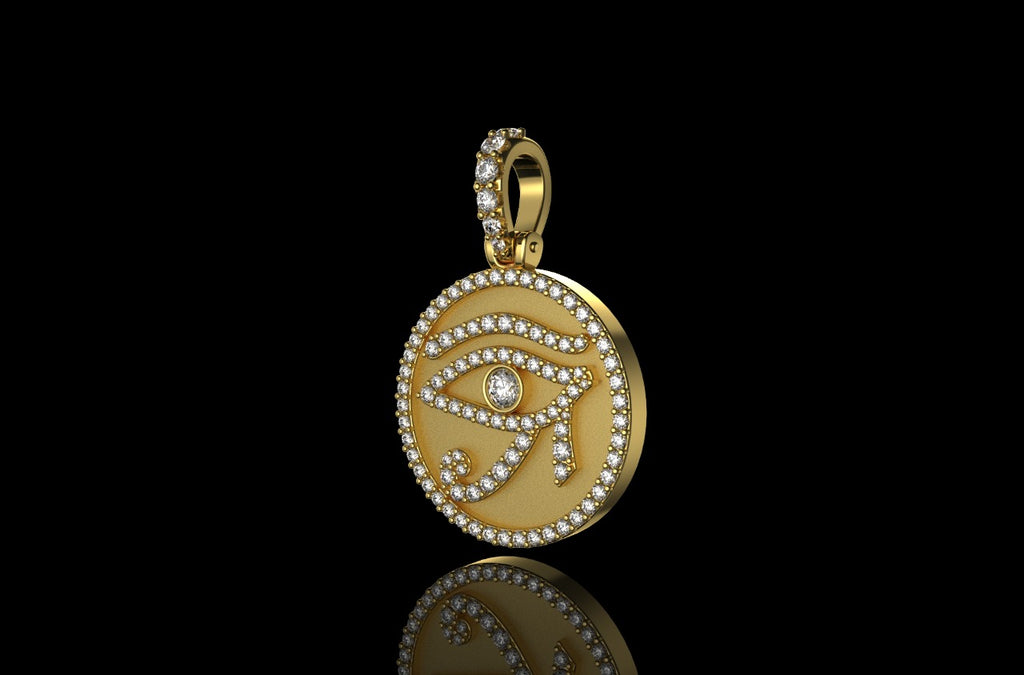 14k yellow gold round eye of ra diamond pendant