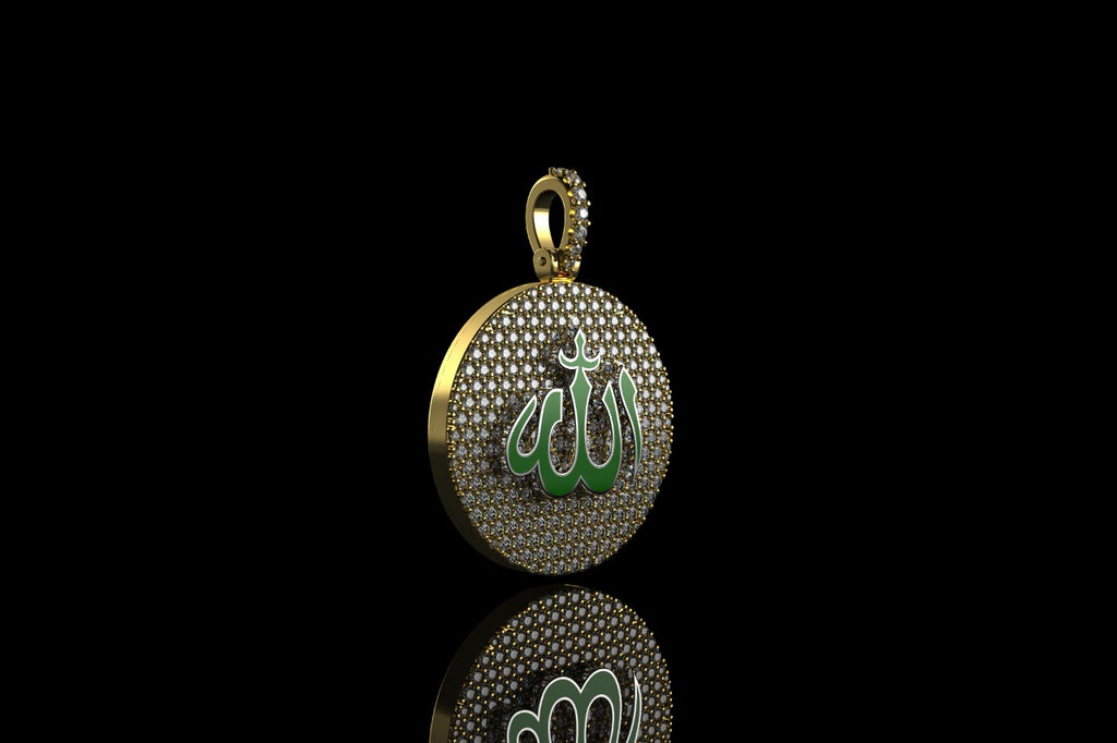 14k yellow gold custom "allah" green enamel round medallion diamond pendant