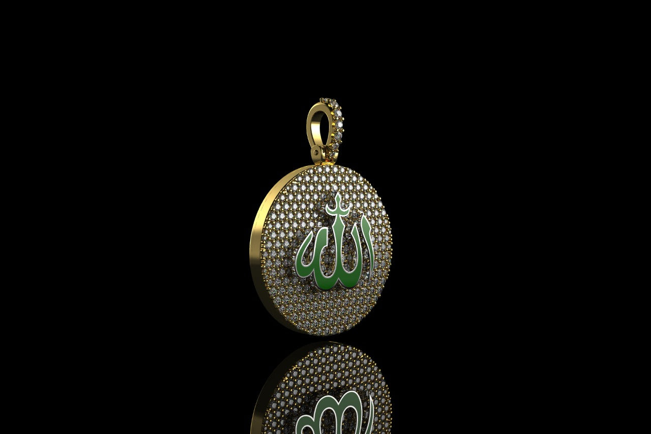 14k yellow gold custom "allah" green enamel round medallion diamond pendant