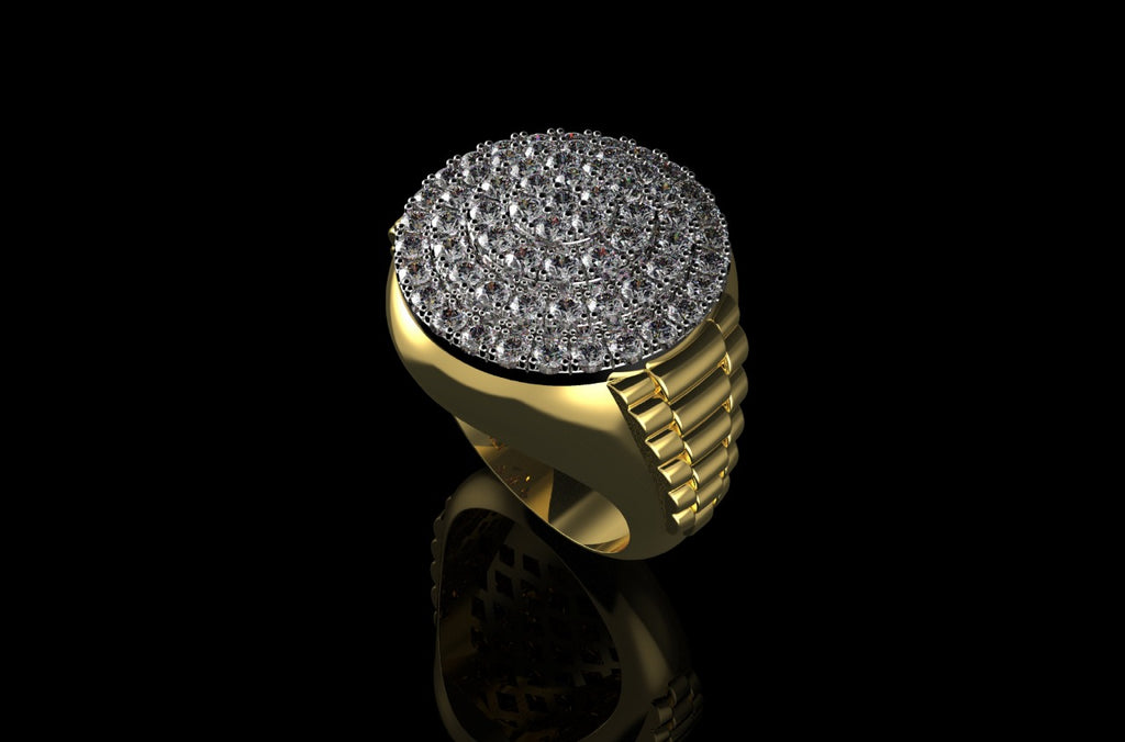 14k yellow gold round layered diamond cake ring with custom shank