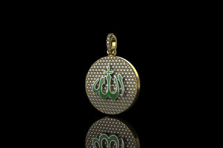 14k yellow gold custom "allah" green enamel round medallion diamond pendant