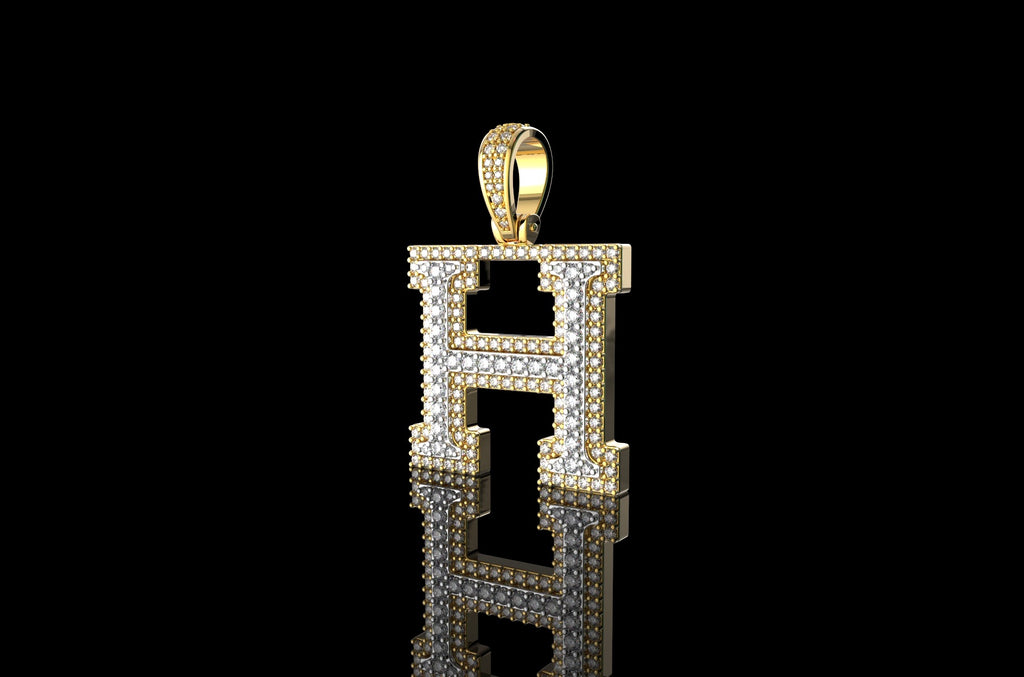 14k 2 tone yellow and white gold double layer initial H diamond pendant