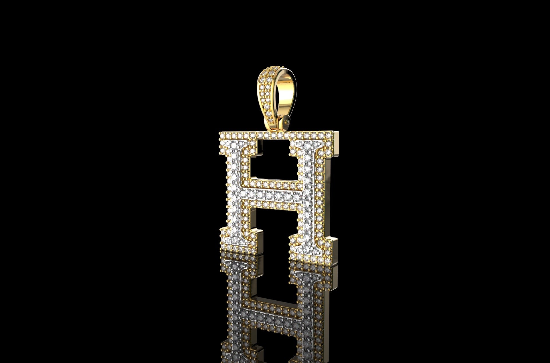 14k 2 tone yellow and white gold double layer initial H diamond pendant