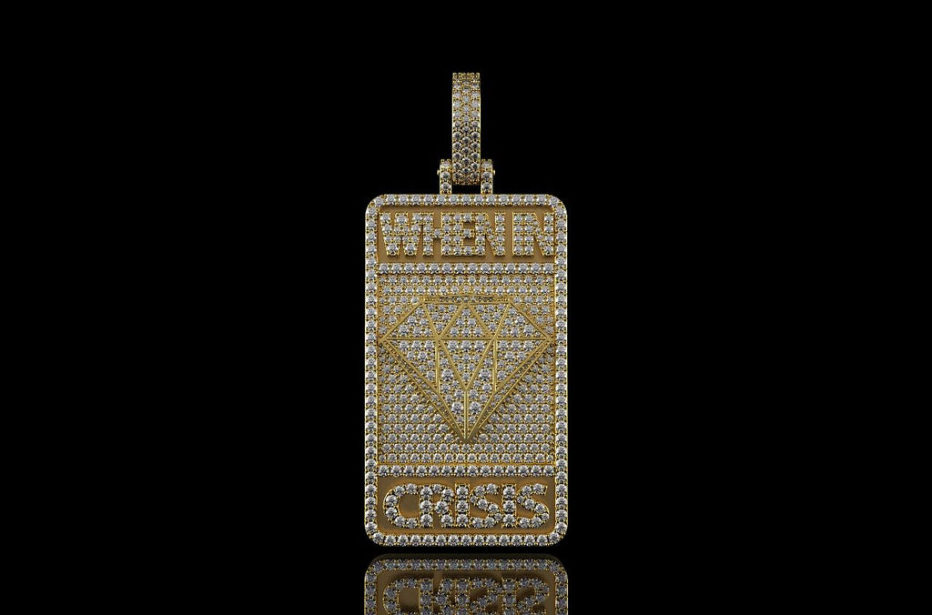 14k yellow gold custom 3d "when in crisis" style diamond dog tag pendant