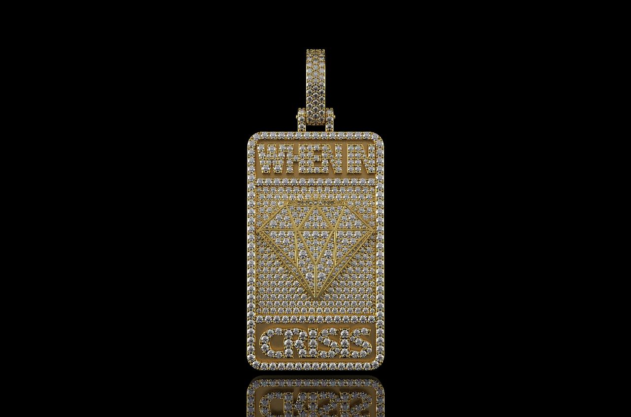 14k yellow gold custom 3d "when in crisis" style diamond dog tag pendant