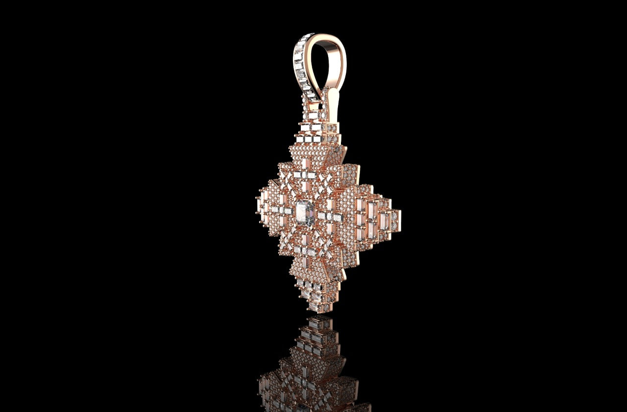14K ROSE GOLD 3D CUSTOM GEOMETRIC DIAMOND CROSS