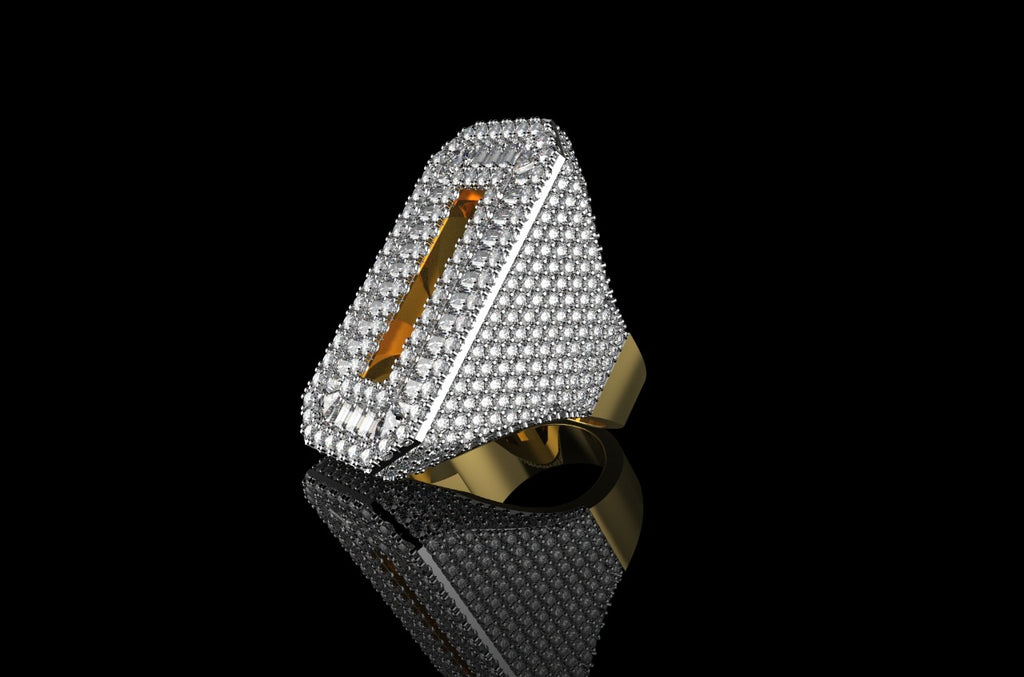 14k 2 tone yellow and white gold custom 3d initil "O" baguette and round diamond ring