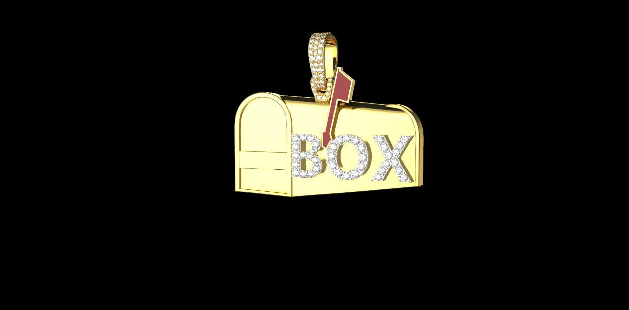 14K 2 TONE YELLOW AND WHITE GOLD CUSTOM "MAILBOX" STYLE DIAMOND PENDANT WITH RED ENAMEL