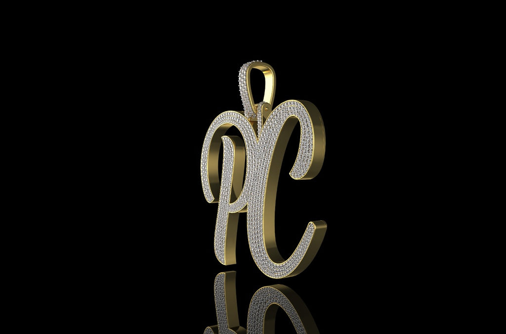 14k yellow gold custom large 3d "PC" style diamond pendant