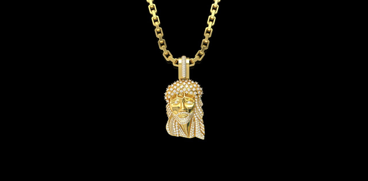 14K YELLOW GOLD CUSTOM DIAMOND JESUS HEAD PENDANT