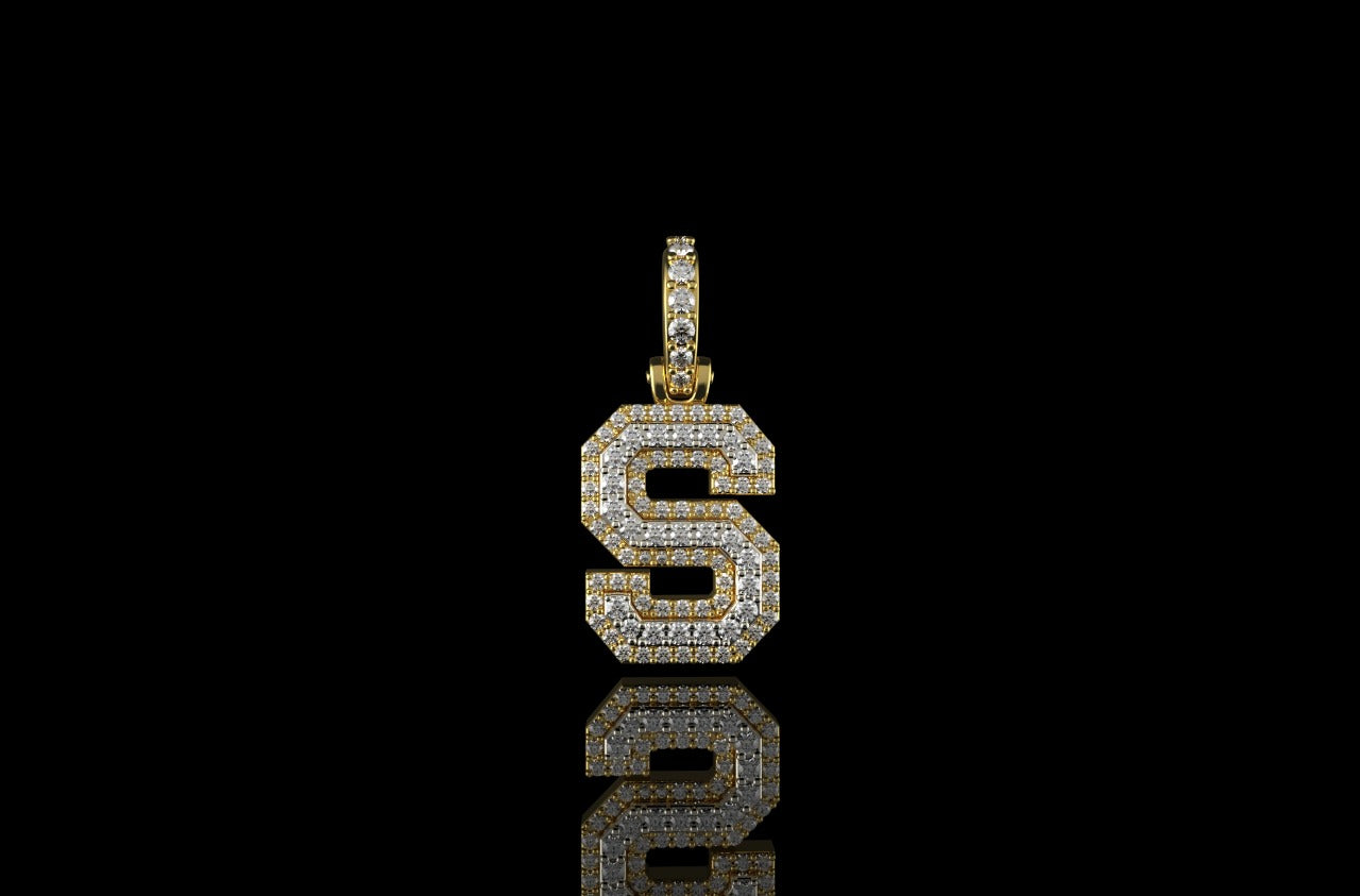 14k 2 tone yellow and white gold double layer small initial S diamond pendant