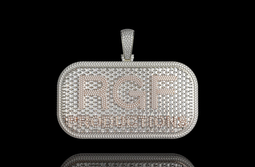 14k 2 tone rose and white gold custom double layer "rgf" style baguette diamond pendant