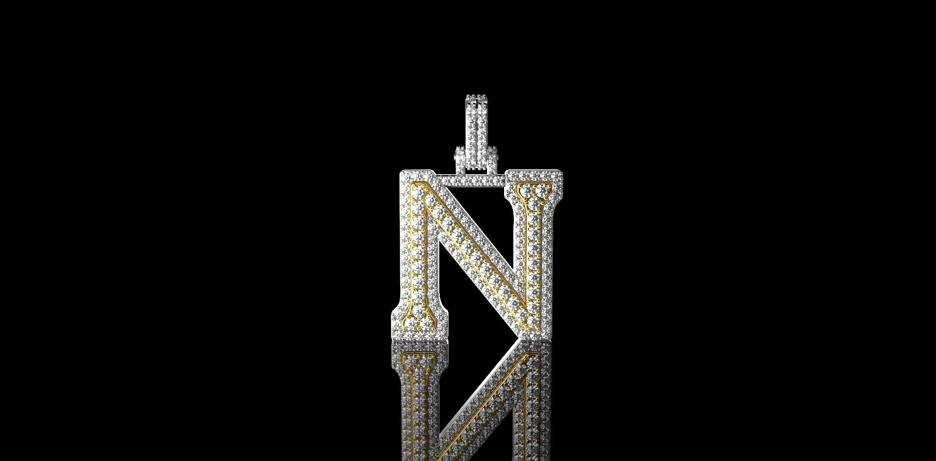 14k 2 tone yellow and white gold double layer initial N diamond pendant