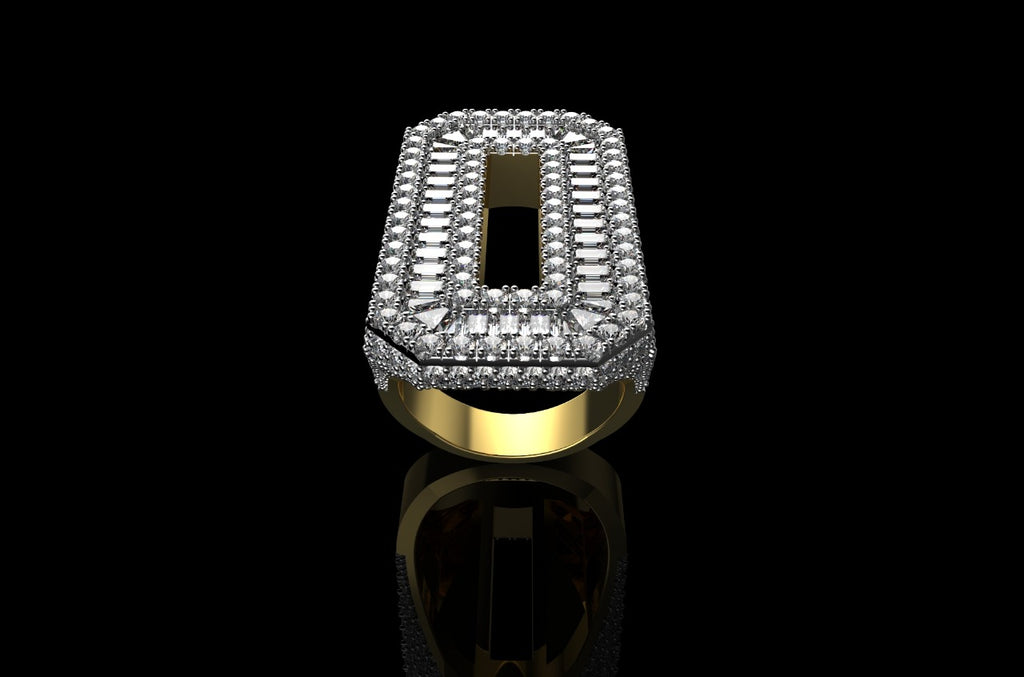 14k 2 tone yellow and white gold custom 3d initil "O" baguette and round diamond ring