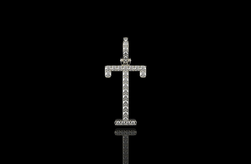 14k white gold custom single layer initial "T" diamond pendant