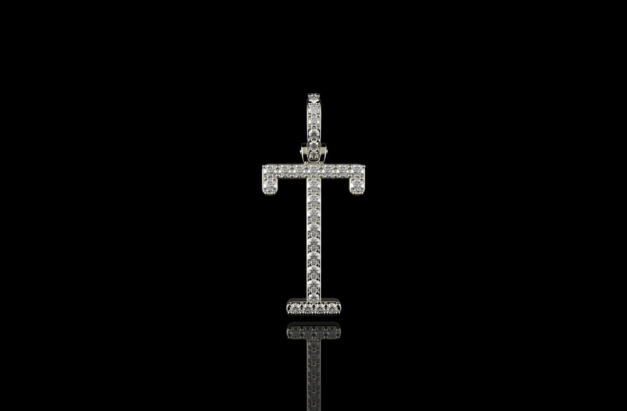 14k white gold custom single layer initial "T" diamond pendant