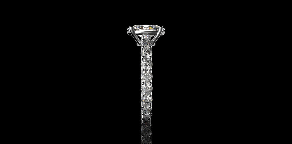 18K WHITE GOLD CUSTOM DIAMOND ETERNITY BAND ENGAGEMENT RING WITH OVAL CENTER STONE