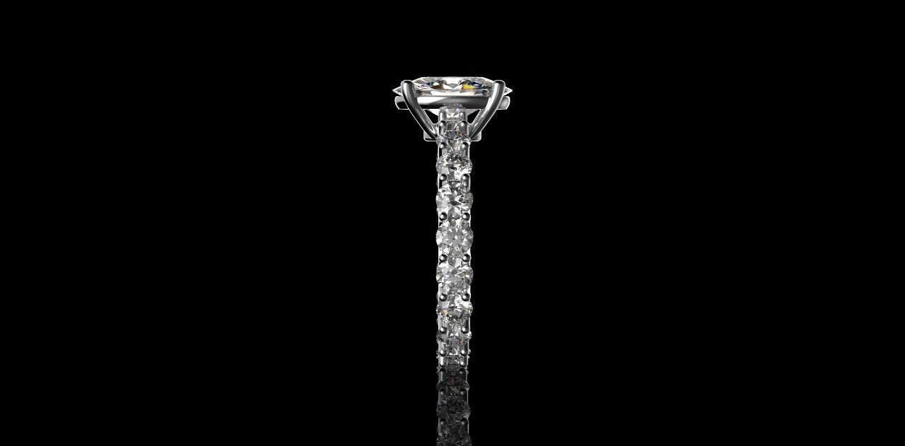 18K WHITE GOLD CUSTOM DIAMOND ETERNITY BAND ENGAGEMENT RING WITH OVAL CENTER STONE