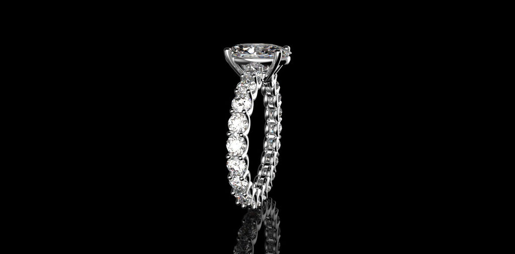 18K WHITE GOLD CUSTOM DIAMOND ETERNITY BAND ENGAGEMENT RING WITH OVAL CENTER STONE