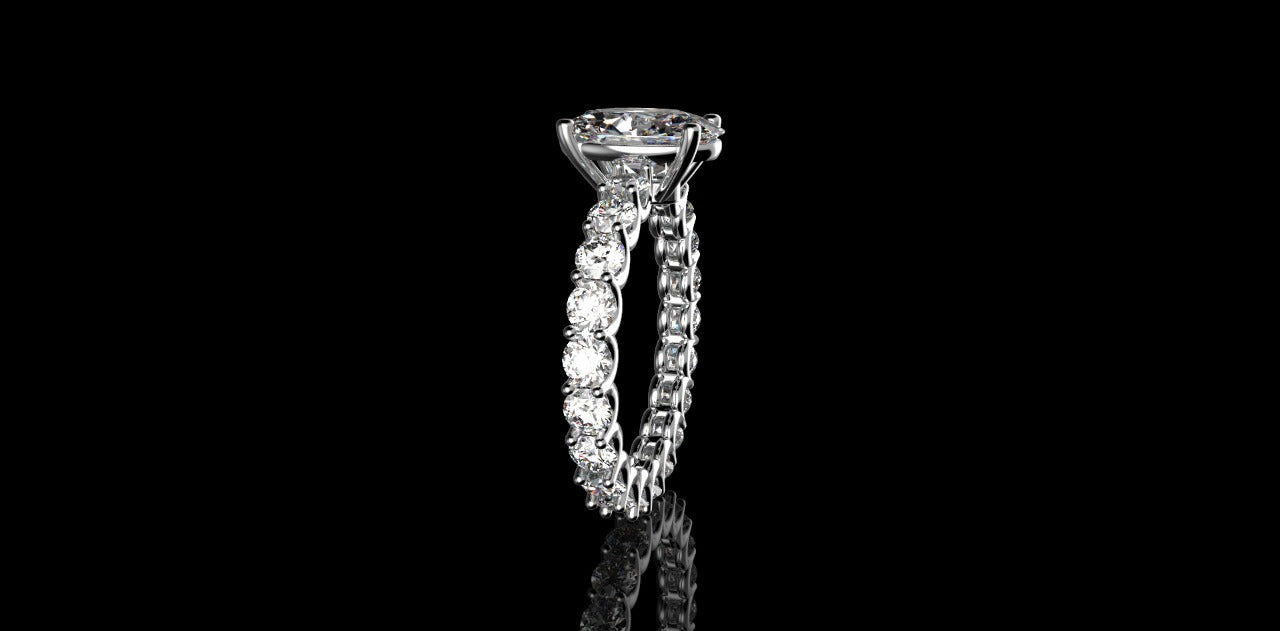 18K WHITE GOLD CUSTOM DIAMOND ETERNITY BAND ENGAGEMENT RING WITH OVAL CENTER STONE
