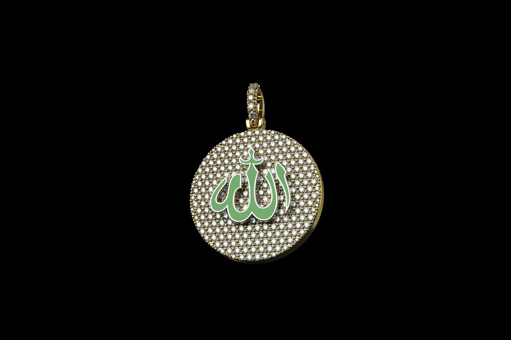 14k yellow gold custom "allah" green enamel round medallion diamond pendant