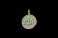 14k yellow gold custom "allah" green enamel round medallion diamond pendant