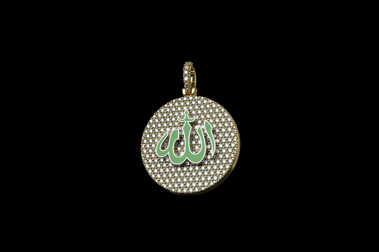 14k yellow gold custom "allah" green enamel round medallion diamond pendant