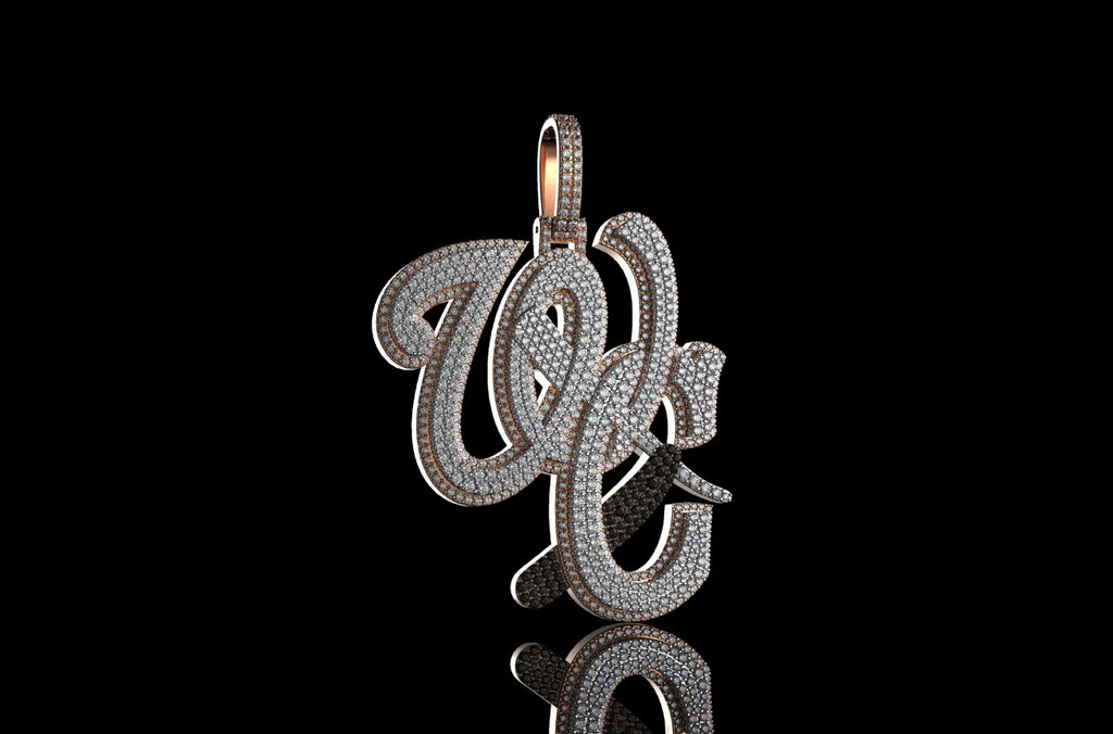14k 2 tone rose and white gold "WC" with barber razor blade black and white diamond pendant