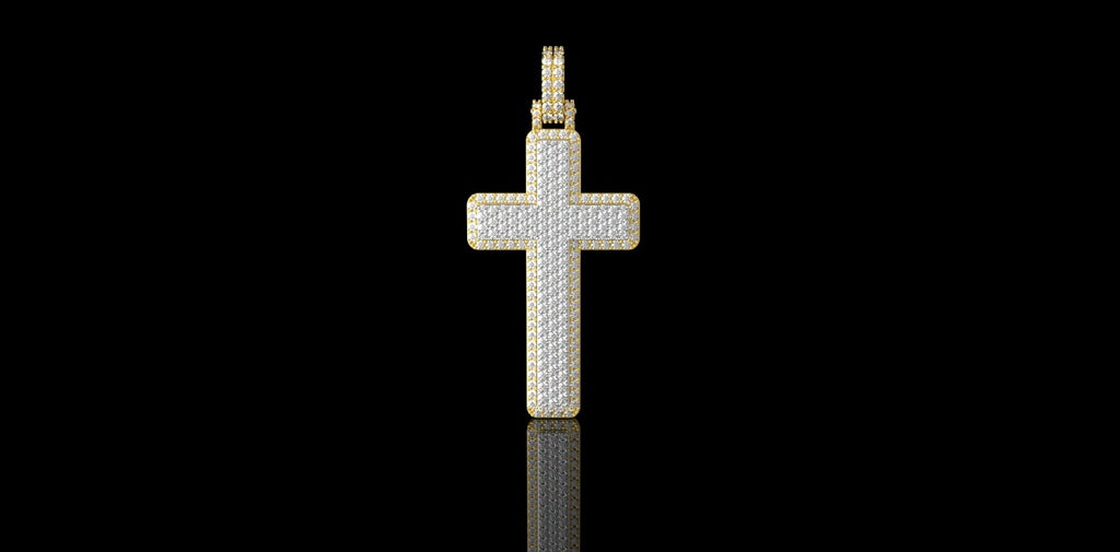 14K 2 TONE YELLOW AND WHITE GOLD MEDIUM DOUBLE LAYER CUSTOM CROSS DIAMOND PENDANT