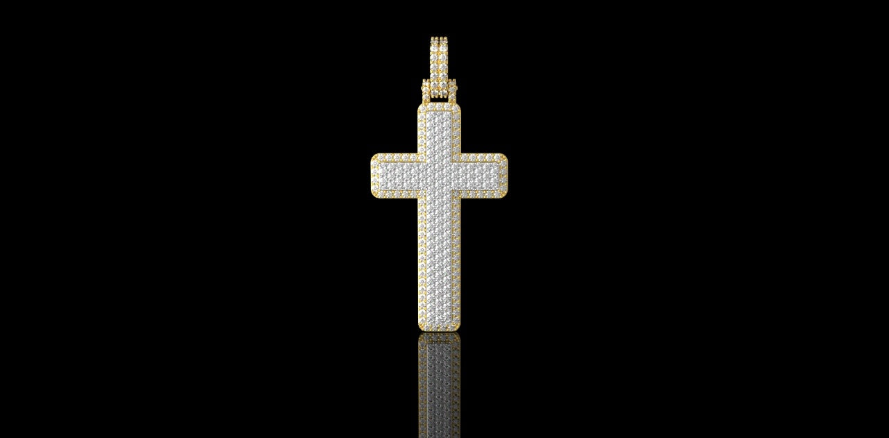14K 2 TONE YELLOW AND WHITE GOLD MEDIUM DOUBLE LAYER CUSTOM CROSS DIAMOND PENDANT