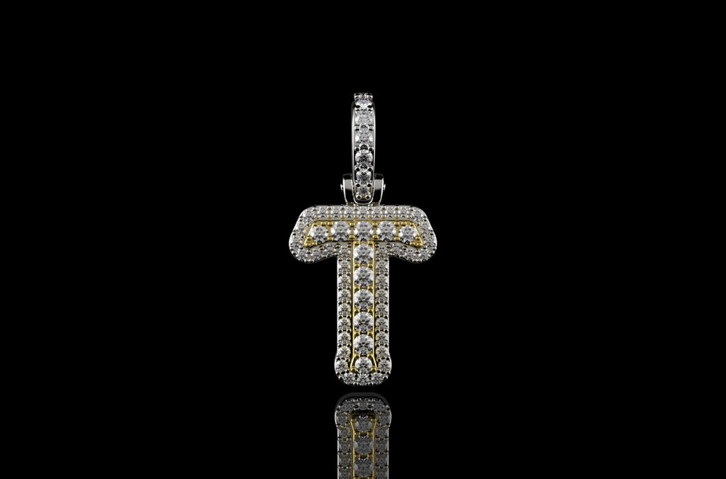 14k 2 tone yellow and white gold double layer small initial T diamond pendant