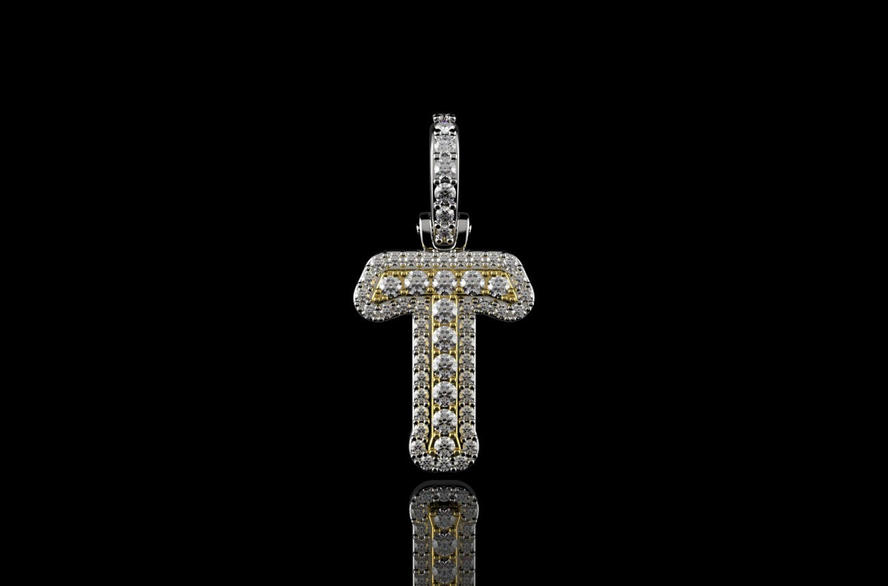 14k 2 tone yellow and white gold double layer small initial T diamond pendant