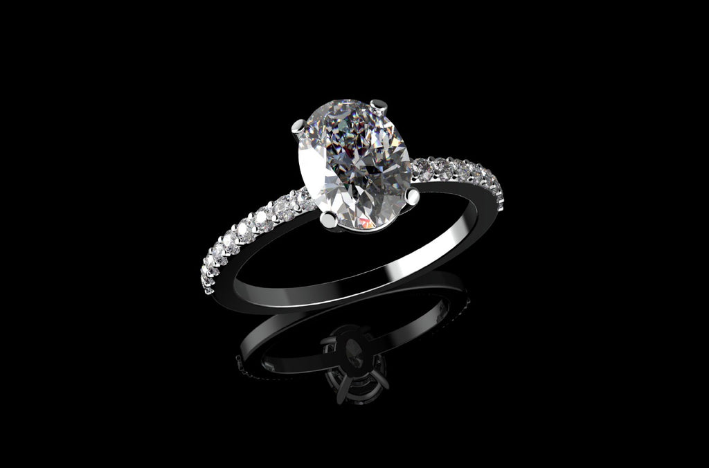 18k white gold oval shape solitaire diamond engagement ring with classic diamond band