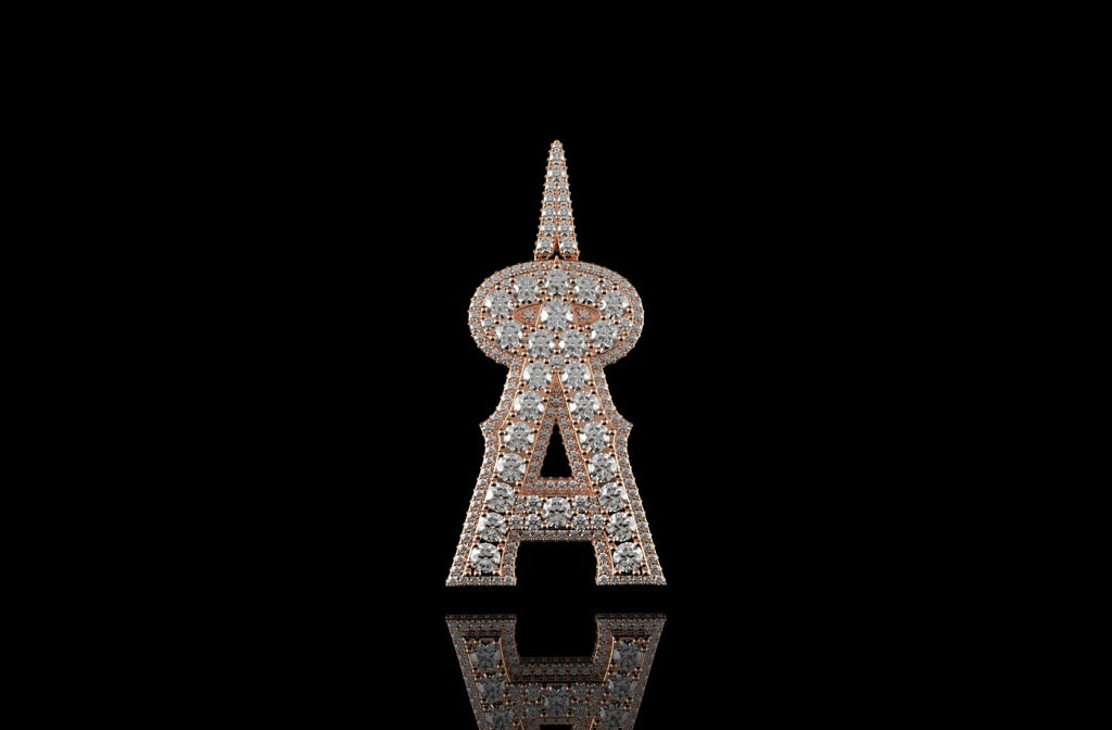 14k rose gold double layer custom initial "a" diamond pendant with profile diamonds