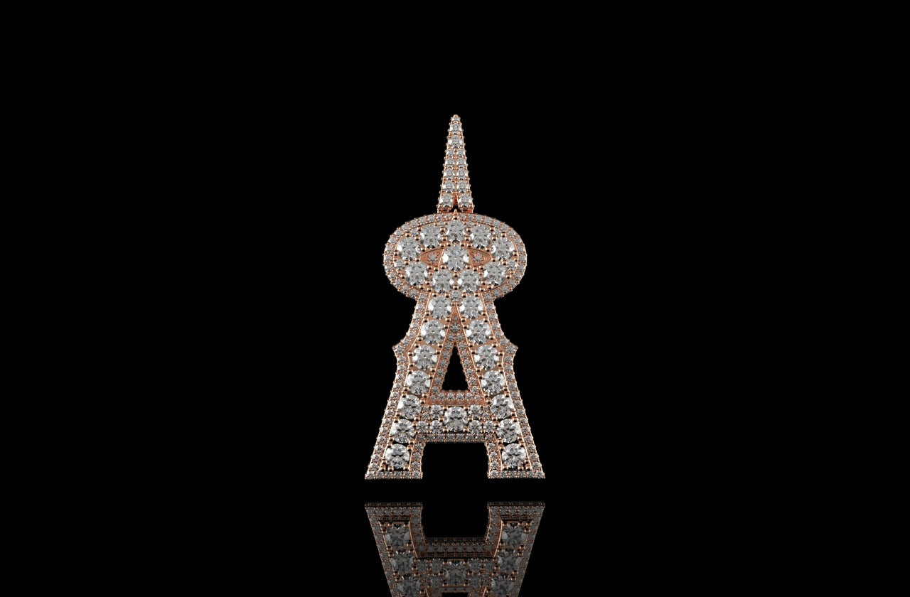 14k rose gold double layer custom initial "a" diamond pendant with profile diamonds