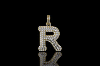 14k 2 tone yellow and white gold double layer initial R diamond pendant