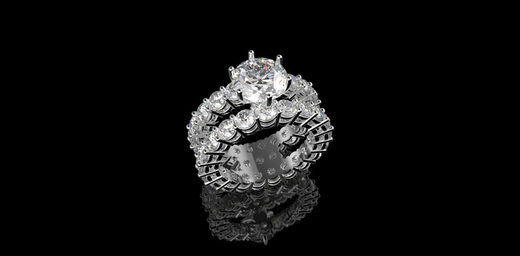 18K WHITE GOLD CUSTOM ETERNITY DIAMOND ENGAGEMENT RING WITH MATCHING DIAMOND ETERNITY BAND