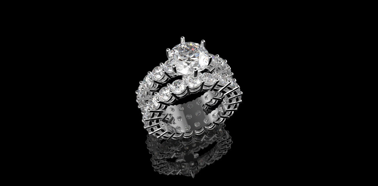 18K WHITE GOLD CUSTOM ETERNITY DIAMOND ENGAGEMENT RING WITH MATCHING DIAMOND ETERNITY BAND