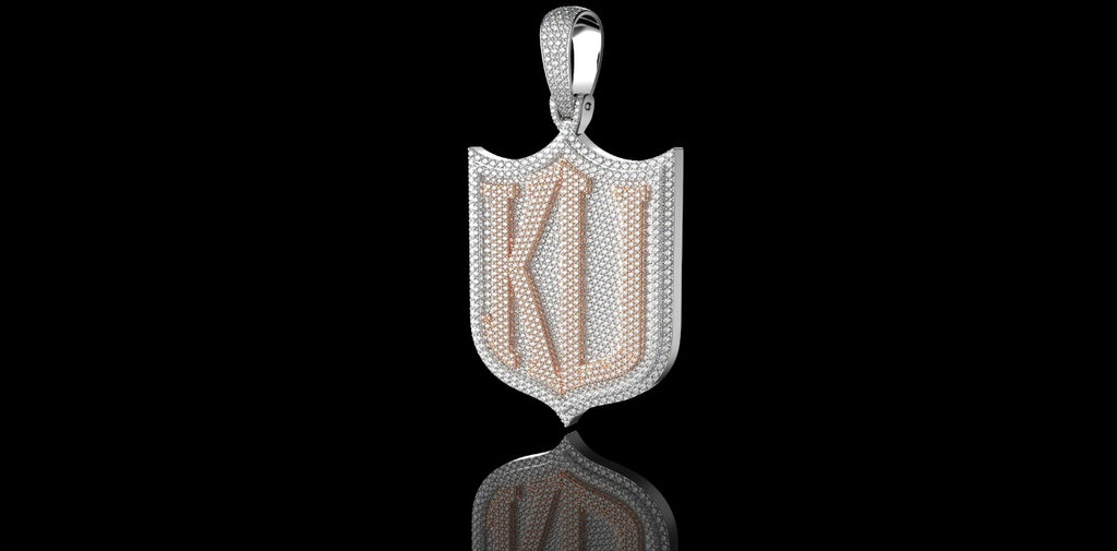 14K 2 TONE ROSE AND WHITE GOLD CUSTOM DOUBLE LAYER "KD" SHIELD STYLE DIAMOND PENDANT