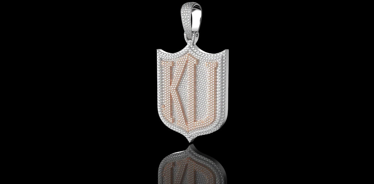 14K 2 TONE ROSE AND WHITE GOLD CUSTOM DOUBLE LAYER "KD" SHIELD STYLE DIAMOND PENDANT