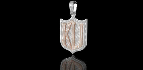 14K 2 TONE ROSE AND WHITE GOLD CUSTOM DOUBLE LAYER "KD" SHIELD STYLE DIAMOND PENDANT