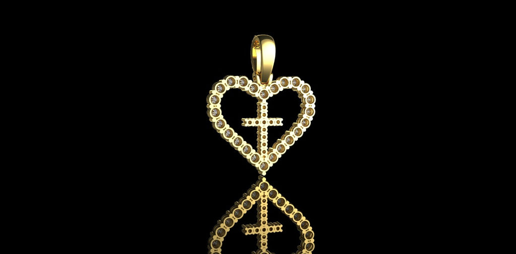 14K YELLOW GOLD CUSTOM DIAMOND HEART WITH CROSS PENDANT